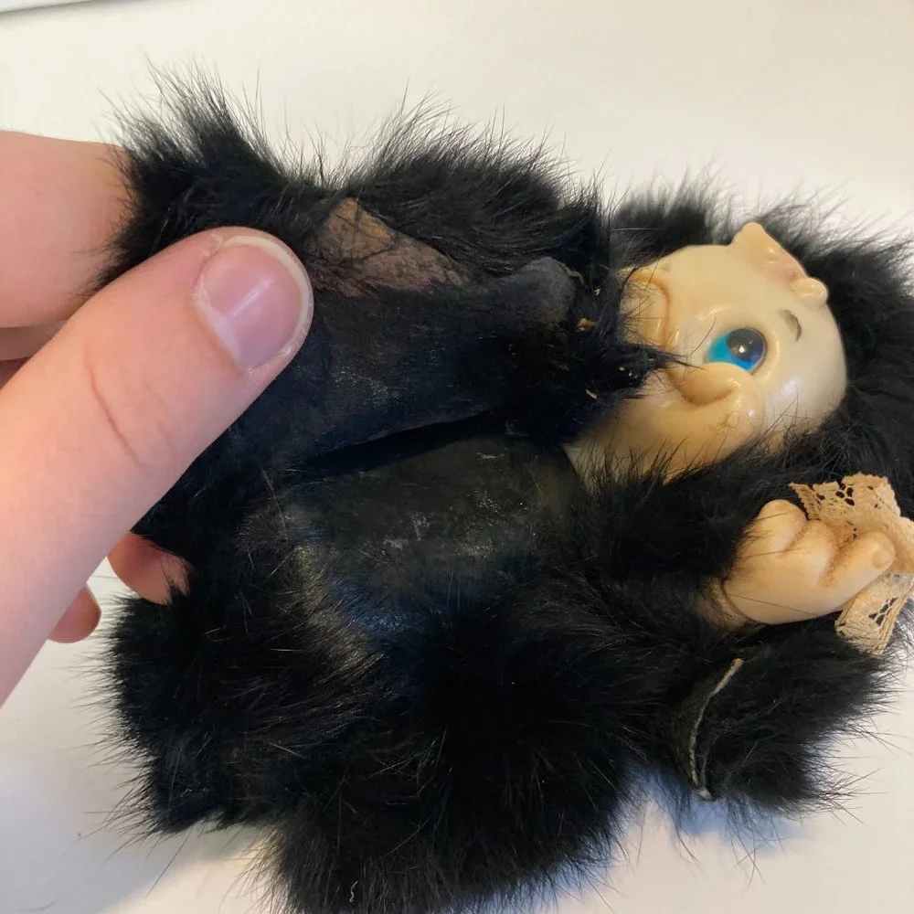 Vintage 6" Furry Baby Duck Doll Figure Black Fuzzy Bundle Plastic Head - Picture 3 of 9